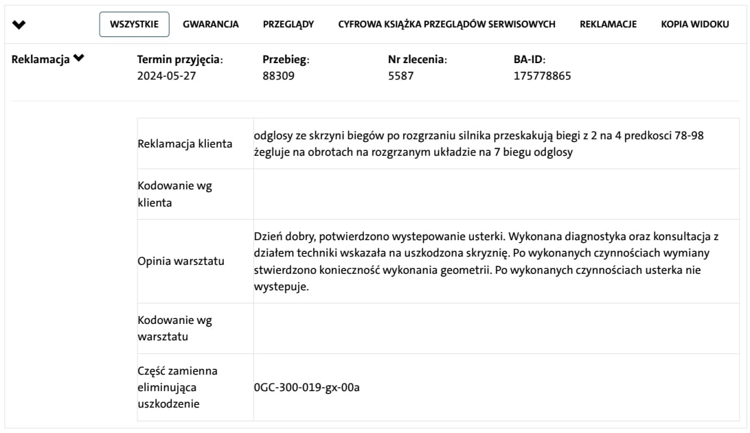 Historia ASO – zgłoszone reklamacje i usterki skrzyni biegów, diagnostyka i wykonana naprawa