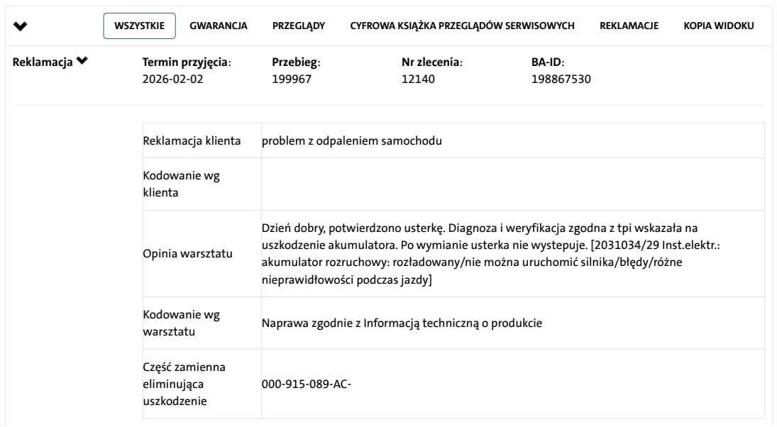 Historia ASO – zgłoszone reklamacje i usterki